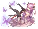  1girl :d bare_shoulders black_gloves black_legwear black_shoes blue_eyes braid breasts butterfly butterfly_hair_ornament commentary_request elbow_gloves gloves granblue_fantasy hair_ornament hair_over_one_eye high_heels highres horns lavender_dress lavender_hair long_hair looking_at_viewer looking_back nametake_(nekoyasya12172) narumeia_(granblue_fantasy) open_mouth pointy_ears shoes single_braid single_thighhigh sitting smile solo staff thigh-highs 