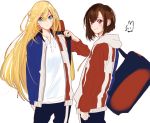  2girls bag blonde_hair blue_eyes brown_hair connie_christensen hanebado! looking_at_viewer multiple_girls rod_(rod4817) shiwahime_yuika smile track_suit violet_eyes 