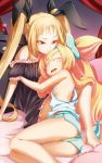  2girls armpits ass bare_shoulders blazblue blonde_hair bow hair_bow highres multiple_girls official_art platinum_the_trinity rachel_alucard red_eyes short_shorts shorts sleeping twintails 