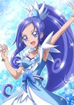  1girl :d arm_up armpits blue blue_background blue_bow blue_eyes blue_hair blue_skirt bow bracelet brooch choker cowboy_shot crystal_earrings cure_diamond curly_hair dokidoki!_precure earrings hanzou highres hishikawa_rikka jewelry long_hair magical_girl open_mouth ponytail precure skirt smile snowflakes solo sparkle 