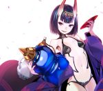  1girl fangs fate/grand_order fate_(series) gourd hair_ornament japanese_clothes kimono looking_at_viewer navel off_shoulder oni oni_horns open_clothes open_kimono open_mouth purple_hair sakazuki short_hair shunin shuten_douji_(fate/grand_order) small_breasts smile solo thighs violet_eyes 