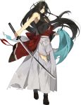  1boy aqua_eyes black_hair full_body hair_over_one_eye izumi-no-kami_kanesada japanese_clothes katana long_hair looking_at_viewer male_focus official_art shiramine_(srmn09) simple_background solo sword torn_clothes touken_ranbu transparent_background weapon 