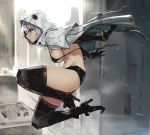  1girl bikini bikini_top black_bikini boots breasts cloak cyborg full_body gloves high_heel_boots high_heels hood houtengeki jumping mechanical_arms mechanical_legs original red_eyes short_hair short_shorts shorts sideboob solo strap_gap swimsuit thigh-highs thigh_boots under_boob white_hair 