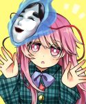  1girl :o blue_bow blue_bowtie blue_fire bow bowtie expressionless fire hair_between_eyes hata_no_kokoro highres long_hair long_sleeves looking_at_viewer mask_on_head noh_mask open_mouth open_palms pink_eyes pink_hair plaid plaid_shirt sasa_kichi shirt simple_background solo star touhou unmoving_pattern upper_body yellow_background 