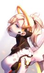  1girl blonde_hair blue_eyes breastplate breasts c_piao_jun from_side gloves high_ponytail highres lips looking_at_viewer mechanical_halo mechanical_wings mercy_(overwatch) overwatch parted_lips profile solo weapon wings 