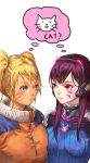  2girls :&lt; bangs blonde_hair blue_eyes blush bodysuit breast_press breasts brown_eyes bunny_print cat closed_mouth colored_eyelashes crossover d.va_(overwatch) eye_contact eyelashes facial_mark genderswap genderswap_(mtf) glowing hare_(yamihuji) headphones large_breasts long_hair looking_at_another multiple_girls naruko naruto overwatch pilot_suit purple_hair shared_thought_bubble swept_bangs symmetrical_docking thought_bubble trait_connection twintails upper_body uzumaki_naruto whisker_markings white_background zipper 