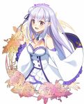  1girl background bare_shoulders berries blush braid breasts cleavage cleavage_cutout cross_hair_ornament crystal dress elf emilia_(re:zero) flower frilled_sleeves frills hair_flower hair_ornament hair_ribbon leaf long_hair looking_at_viewer open_mouth pointy_ears purple_ribbon re:zero_kara_hajimeru_isekai_seikatsu ribbon ryuuki_(hydrangea) silver_hair smile solo twitter_username violet_eyes white_background wide_sleeves 