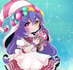  1girl alternate_costume blush bracelet candy cherry closed_mouth cupcake curly_hair dress eyebrows eyebrows_visible_through_hair food fruit hair_between_eyes hat heterochromia holding holding_food jewelry league_of_legends long_hair lulu_(league_of_legends) otani_(kota12ro08) pink_eyes puffy_short_sleeves puffy_sleeves purple_hair short_sleeves smile solo twitter_username upper_body witch_hat yellow_eyes yordle 