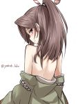  1girl bare_back brown_eyes from_behind japanese_clothes kantai_collection light_brown_hair looking_at_viewer looking_back off_shoulder rabochicken remodel_(kantai_collection) simple_background solo twitter_username undressing white_background zuihou_(kantai_collection) 