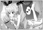  1girl anchovy ass book curtains drill_hair girls_und_panzer hair_ribbon highres kawakami_rokkaku leg_up long_hair lying monochrome musical_note on_bed on_stomach open_book pajamas pillow ribbon smile solo spoken_musical_note twin_drills 