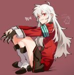  1girl armband boots character_request claws copyright_request from_side grin korean long_hair looking_at_viewer pleated_skirt red_eyes rod_(rod4817) school_uniform sharp_teeth sitting skirt smile solo teeth white_hair 