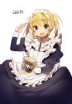  1girl apron artist_name black_dress blonde_hair blue_eyes blush dress food food_on_face frills ice_cream long_hair looking_at_viewer maid maid_apron maid_headdress open_mouth original puffy_sleeves simple_background smile solo spoon sukja twintails white_background 