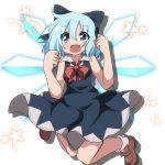  1girl blue_dress blue_eyes blue_hair bow bowtie cirno do_(4-rt) dress fang highres ice ice_wings open_mouth sleeveless sleeveless_dress solo star touhou wings 