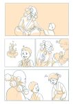  1girl 2boys 4koma child comic highres humanoid_robot japanese_clothes juggling limited_palette looking_at_another multiple_boys overwatch shaking_head silent_comic smile zenyatta_(overwatch) 
