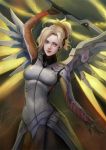  1girl blonde_hair blue_eyes bodysuit breasts high_ponytail lips long_hair mechanical_halo mechanical_wings mercy_(overwatch) overwatch pantyhose phamoz smile solo staff wings 