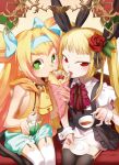  2girls armpits bare_shoulders bell bell_collar black_legwear blazblue blonde_hair bow collar crepe cup drink flower garter_straps green_eyes hair_bow hair_flower hair_ornament highres multiple_girls official_art platinum_the_trinity rachel_alucard red_eyes symbol-shaped_pupils tea teacup thigh-highs twintails white_legwear wrist_cuffs 