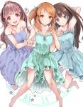  3girls barefoot blush brown_eyes brown_hair dress green_eyes heri houjou_karen idolmaster idolmaster_cinderella_girls kamiya_nao long_hair looking_at_viewer multiple_girls open_mouth red_eyes shibuya_rin smile triad_primus 