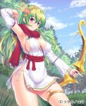  1girl arm_up armpits arrow blue_sky bow_(weapon) breasts clouds cowboy_shot detached_sleeves dress forest green_hair hair_ornament kawase_seiki large_breasts long_hair long_sleeves looking_at_viewer nature no_bra official_art original panties pink_eyes quiver sash scarf side-tie_panties skindentation sky solo sweat sword thigh_strap underwear very_long_hair weapon white_dress white_panties 