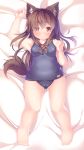  1girl animal_ears arms_up belly blush brooch brown_eyes brown_hair dragoner imaizumi_kagerou jewelry long_hair looking_at_viewer lying on_back plump school_swimsuit smile solo swimsuit tail touhou very_long_hair wolf_ears wolf_tail 