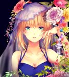  1girl bare_shoulders blonde_hair blue_dress bw_(pixiv18531763) dress fate_(series) flower green_eyes looking_at_viewer saber solo upper_body veil 