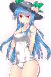  &gt;:) 1girl blue_hair collarbone cowboy_shot food fruit hand_on_own_chest hat highres hinanawi_tenshi long_hair looking_at_viewer masa07240 old_school_swimsuit one-piece_swimsuit peach red_eyes school_swimsuit smile solo swimsuit touhou very_long_hair white_school_swimsuit white_swimsuit 
