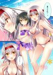  2girls bikini blush breasts check_translation collarbone comic contrapposto hair_between_eyes hairband halterneck ichiyou_moka kantai_collection large_breasts long_hair looking_at_viewer midriff multiple_girls navel off_shoulder open_mouth orange_eyes purple_bikini sarong shoukaku_(kantai_collection) side-tie_bikini smile swimsuit translation_request twintails white_bikini white_hair yellow_eyes zuikaku_(kantai_collection) 