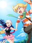  1girl :d :o bag bare_arms black_blouse blonde_hair blouse blue_eyes blue_hair blue_sky blush breasts clouds dutch_angle floating_hair frilled_skirt frills green_scarf grey_pants hair_between_eyes hair_ornament hakka_(88hk88) hat hikari_(pokemon) holding_hands jun_(pokemon) kneehighs long_hair looking_at_another miniskirt open_mouth outdoors outstretched_arms pants pink_legwear pink_scarf pink_skirt piplup pokemon pokemon_(creature) pokemon_(game) pokemon_dppt popped_collar pulling running scarf shirt short_sleeves sidelocks skirt sky sleeveless smile striped striped_shirt sun surprised thigh_gap tree wrist_cuffs yellow_eyes 