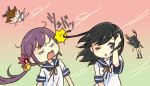  4girls =_= ahoge akebono_(kantai_collection) bell black_hair blush_stickers brown_hair closed_eyes commentary_request covered_face dress flower grey_eyes hair_bell hair_flower hair_ornament hair_weapon hand_in_hair headgear jingle_bell kantai_collection multiple_girls no_panties one_eye_closed open_mouth otoufu purple_hair remodel_(kantai_collection) sailor_dress school_uniform serafuku side_ponytail tone_(kantai_collection) translated twintails ushio_(kantai_collection) wind wind_lift yukikaze_(kantai_collection) 