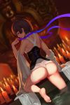  1girl ahoge arm_at_side arm_support ass back bangs bare_back bare_shoulders barefoot blue_ribbon blunt_bangs blurry bob_cut brown_hair buddha candle candlelight catwyz corset depth_of_field dutch_angle feet from_behind highres koutetsujou_no_kabaneri light_smile loincloth looking_at_viewer looking_back mumei_(kabaneri) nail_polish no_pants parted_lips profile red_eyes red_lips ribbon shade short_hair soles solo statue thong topknot untied water white_nails 
