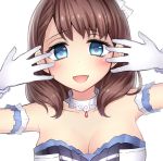  1girl absurdres armband bangs blue_eyes blush breasts brown_hair check_commentary cleavage commentary_request dress eyebrows eyebrows_visible_through_hair gloves hair_ribbon heart_in_eye highres idolmaster idolmaster_cinderella_girls looking_at_viewer neit_ni_sei open_mouth ribbon sakuma_mayu short_hair smile solo strapless strapless_dress upper_body 