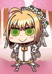  &gt;:&gt; 1girl ahoge april_fools blonde_hair blush_stickers bridal_veil chibi fate/extra fate/extra_ccc fate/grand_order fate_(series) green_eyes hands_on_hips lock riyo_(lyomsnpmp) saber_bride saber_extra veil 