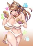  &gt;:d 1girl :d animal_ears bare_shoulders beatrix_(granblue_fantasy) blue_ribbon blush breasts brown_eyes brown_hair cleavage collar commentary_request cross_hair_ornament dog_ears dog_paws dog_tail fang granblue_fantasy hair_ornament hair_ribbon highres kemonomimi_mode kumakichi_(cost-lost) large_breasts long_hair looking_at_viewer navel open_mouth paw_pose paws ponytail ribbon sleeveless smile solo spiked_collar spikes tail 