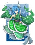  1girl blue_background blue_eyes blue_hair bubble drill_hair fingernails frills full_body head_fins head_wings highres japanese_clothes kan_(aaaaari35) kimono looking_at_viewer mermaid monster_girl outside_border sharp_fingernails smile solo touhou wakasagihime wide_sleeves 