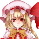  1girl blonde_hair commentary_request flandre_scarlet hat hat_ribbon looking_at_viewer lowres open_mouth puffy_sleeves red_eyes red_ribbon ribbon side_ponytail smile solo touhou utakata_(kochou_no_yume) yellow_ribbon 