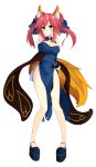  1girl absurdres alternate_costume animal_ears bare_legs bare_shoulders blue_dress breasts caster_(fate/extra) china_dress chinese_clothes cleavage cleavage_cutout detached_sleeves dress eyebrows eyebrows_visible_through_hair fate/extra fate/extra_ccc fate_(series) fox_ears fox_tail hair_ribbon highres pelvic_curtain pigeon-toed pink_hair platform_footwear ribbon sai_(bankoru) shawl side_slit sidelocks smile solo tail twintails yellow_eyes 