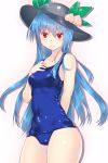  &gt;:) 1girl blue_hair blue_swimsuit collarbone cowboy_shot food fruit hand_on_own_chest hat highres hinanawi_tenshi long_hair looking_at_viewer masa07240 old_school_swimsuit one-piece_swimsuit peach red_eyes school_swimsuit smile solo swimsuit touhou very_long_hair 