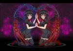  1girl :o asymmetrical_wings black_dress black_hair black_legwear blush bow bowtie breasts commentary_request dress dual_persona full_body gmot high_heels houjuu_nue kneeling looking_at_viewer parted_lips red_bow red_bowtie red_eyes red_shoes reflection shoes short_dress short_sleeves symmetry thigh-highs touhou wings zettai_ryouiki 
