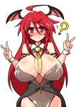  1girl ? ahoge alternate_costume bangs bare_shoulders bat_wings blush breasts commentary_request cowboy_shot demon_wings double_v head_wings huge_breasts koakuma leotard looking_at_viewer necktie playboy_bunny_leotard red_eyes redhead rindou_(p41neko) smile solo swept_bangs tailcoat touhou v wings wrist_cuffs yellow_necktie 