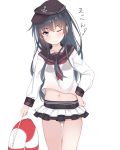  1girl adapted_costume akatsuki_(kantai_collection) anchor_symbol black_hair flat_cap hat highres innertube kantai_collection kiyomin long_hair microskirt navel one_eye_closed panties pantyshot school_uniform serafuku simple_background skirt solo underwear 