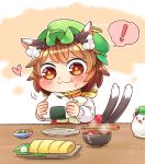  ! +_+ 1girl :3 animal_ears blush bowl brown_hair cat_ears cat_tail chen chopsticks closed_mouth drooling eating food food_on_face green_hat hat heart ibarashiro_natou jewelry long_sleeves mob_cap multiple_tails nekomata omelet onigiri rice rice_on_face short_hair single_earring solo soup spoken_exclamation_mark spoken_heart tail tamagoyaki touhou two_tails 