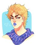  1boy artist_name birthmark blonde_hair blue_lipstick dio_brando face heart jojo_no_kimyou_na_bouken lipstick makeup male_focus neck niitsumee red_eyes scarf signature solo 