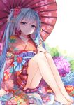  1848066491 1girl absurdres arm_at_side arm_support barefoot beads blue_eyes blue_hair collarbone floral_print flower hair_beads hair_flower hair_ornament hatsune_miku highres holding holding_umbrella hydrangea japanese_clothes kimono knees_up legs_together long_hair long_sleeves looking_at_viewer obi oriental_umbrella panties pantyshot pantyshot_(sitting) reflection sash sitting solo sparkle twintails umbrella underwear very_long_hair vocaloid wide_sleeves 