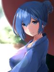  1girl alternate_costume alternate_hairstyle blue_eyes blue_hair blue_kimono breasts commentary_request highres kantai_collection large_breasts looking_at_viewer solo takeichi_yui urakaze_(kantai_collection) 
