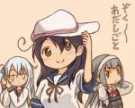  3girls adjusting_hair ahoge alternate_hairstyle bangs black_hair blue_eyes bow brown_eyes comic commentary_request grey_hair hair_between_eyes hair_down hair_ribbon hairband hand_on_headwear hat headwear_switch hibiki_(kantai_collection) jitome kantai_collection kasumi_(kantai_collection) looking_at_viewer multiple_girls otoufu remodel_(kantai_collection) ribbon school_uniform serafuku side_ponytail sideways_hat silver_hair smile translation_request tsurime tying_hair tying_headband ushio_(kantai_collection) verniy_(kantai_collection) 