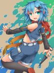 1girl aqua_eyes bare_shoulders black_legwear blue_hair detached_sleeves hair_ornament knife long_sleeves looking_at_viewer midriff open_clothes open_mouth open_vest original over-kneehighs scarf shorts smile solo strapless thigh-highs thighs tubetop uumaru1869 vest 
