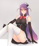  &gt;:( 1girl alternate_costume arm_support bare_shoulders black_skirt blush bow bowtie corset elbow_gloves frilled_skirt frilled_sleeves frills gloves hair_ornament haqua_d&#039;rot_herminium highres kami_nomi_zo_shiru_sekai knees_up kubo_(artist) long_hair looking_at_viewer maid_headdress panties pantyshot pantyshot_(sitting) purple_hair red_bow red_bowtie red_eyes sitting skirt skull_hair_ornament solo thigh-highs tsurime underwear white_legwear white_panties 