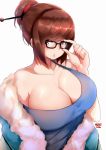  1girl adjusting_glasses bare_shoulders black-framed_glasses breasts brown_eyes brown_hair cleavage glasses highres large_breasts lips mei_(overwatch) norman_maggot overwatch parted_lips short_hair simple_background solo strap_slip tied_hair white_background 