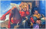  1boy 1girl against_wall angel_wings blonde_hair blue_hair blue_sky boots breasts breath_of_fire breath_of_fire_iii chuck_pires commentary covered_nipples crossed_arms crossed_legs dress large_breasts lying nina_(breath_of_fire_iii) on_back open_mouth platform_footwear platform_heels red_dress red_shoes ryuu_(breath_of_fire_iii) shoes short_dress sitting sky sleeping sleeping_upright taut_clothes wall wings 