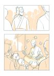  2koma 3girls 4boys child comic cyborg extra genji_(overwatch) highres humanoid_robot japanese_clothes juggling looking_at_another monochrome multiple_boys multiple_girls overwatch silent_comic zenyatta_(overwatch) 