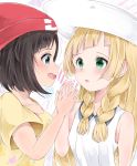  2girls blonde_hair blue_eyes braid brown_hair dress female_protagonist_(pokemon_sm) green_eyes hat highres holding_hands kinoyoru_(kiya0118) lillie_(pokemon) long_hair multiple_girls open_mouth pokemon pokemon_(game) pokemon_sm shirt short_hair sleeveless sleeveless_dress smile sun_hat sundress twin_braids 